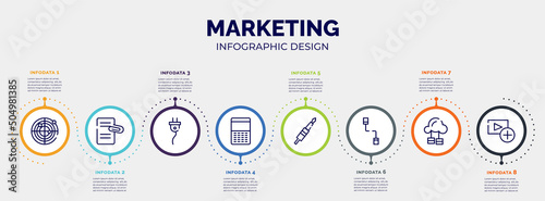 infographic for marketing concept. vector infographic template with icons and 8 option or steps. included radar, attached file, cord, keypad, jack cable, communicator, cloud service, add video