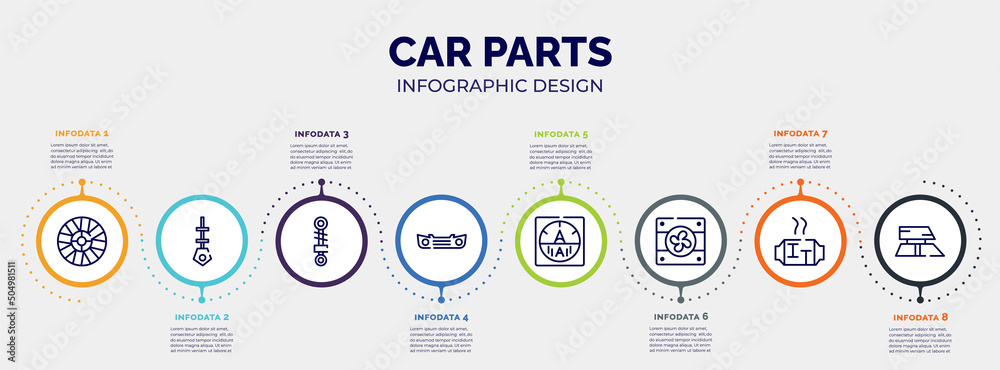 infographic for car parts concept. vector infographic template with icons and 8 option or steps. included car hubcap, car dipstick, suspension, bumper, ammeter, fan, catalytic converter, roof
