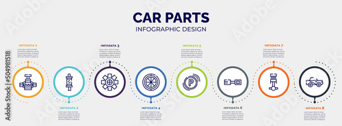 infographic for car parts concept. vector infographic template with icons and 8 option or steps. included car jack, car silencer, sprocket, spare wheel, parking light, petrol cap, piston, soft top