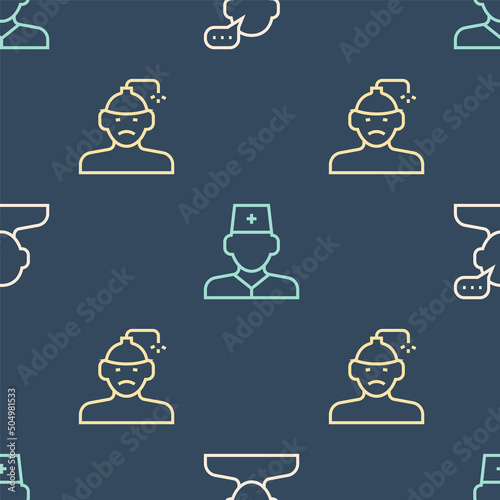 Set line Online psychological counseling, Concussion, headache and Male doctor on seamless pattern. Vector
