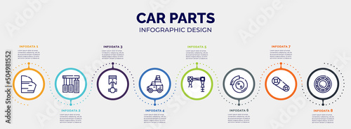 infographic for car parts concept. vector infographic template with icons and 8 option or steps. included car trim, car accelerator, cylinder, luggage rack, torsion bar, disc brake, camshaft,