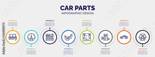 infographic for car parts concept. vector infographic template with icons and 8 option or steps. included car pedal, car fuel gauge, radiator, mud flap, petrol gauge, carburettor, hard top, hazard