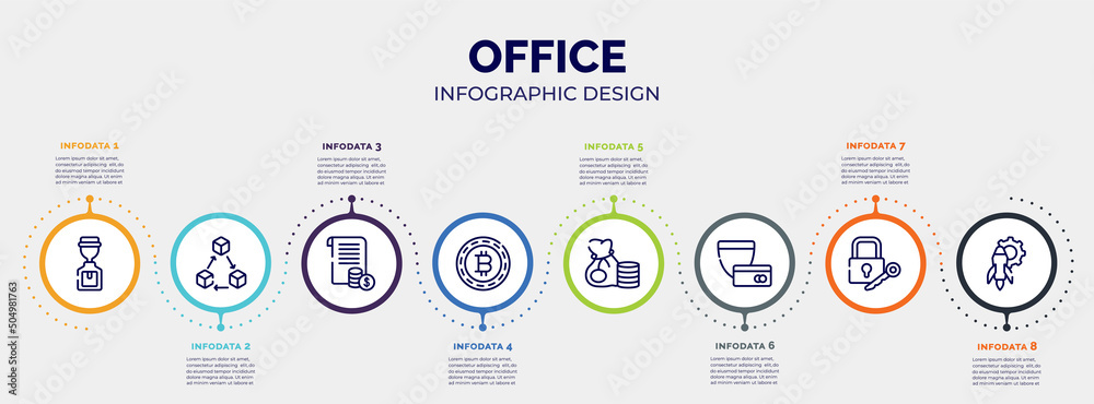 infographic for office concept. vector infographic template with icons and 8 option or steps. included worldwide, online payment, online support, banker, instructions, transfering, commission, - obrazy, fototapety, plakaty 