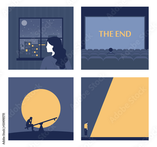 Loneliness or solitude concept set. Unhappy person being alone.