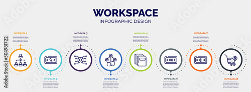 infographic for workspace concept. vector infographic template with icons and 8 option or steps. included fund, humanitarian, video card, flow diagram, distributed, security payment, viral