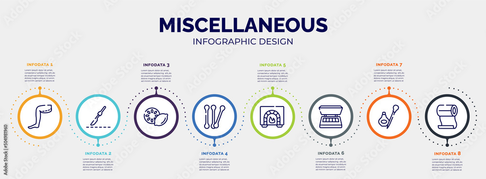 infographic for miscellaneous concept. vector infographic template with icons and 8 option or steps. included thigh, scalpel, lemon slice, cotton buds, burner, eye shadow, eyeliner, roll on editable