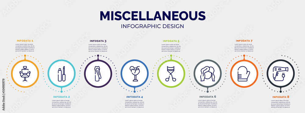 infographic for miscellaneous concept. vector infographic template with icons and 8 option or steps. included hairdresser chair, lip matt, nail clippers, margarita, eyelashes curler, hairdresser, infographic for miscellaneous concept. vector infographic template with icons and 8 option or steps. included hairdresser chair, lip matt, nail clippers, margarita, eyelashes curler, hairdresser,