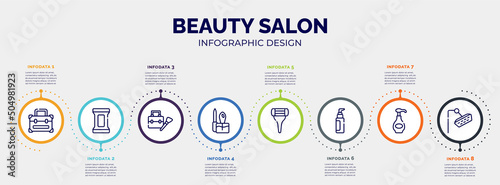 infographic for beauty salon concept. vector infographic template with icons and 8 option or steps. included vanity case, makeup remover wipes, big makeup box, manicure, women razor, liquid makeup,