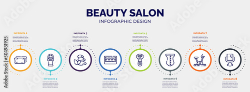 infographic for beauty salon concept. vector infographic template with icons and 8 option or steps. included pillow, roll on deodorant, three stones, eye shadow pallette, electric shaver for women,