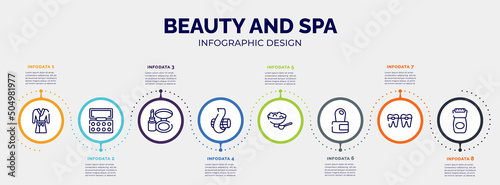 infographic for beauty and spa concept. vector infographic template with icons and 8 option or steps. included robe, eyeshadow, make up kit, curl, salt, cuticle, braces, epilator editable vector.
