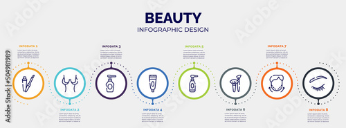 infographic for beauty concept. vector infographic template with icons and 8 option or steps. included lip gloss, breast reduction, spray bottle, tooth paste, cleansing, brushes, null, eyelash