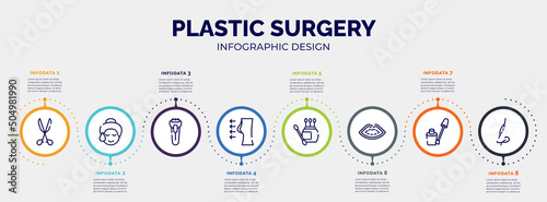 infographic for plastic surgery concept. vector infographic template with icons and 8 option or steps. included medical tools, glowing skin, shaver, breast enlargement, earbuds, lip, nail color,