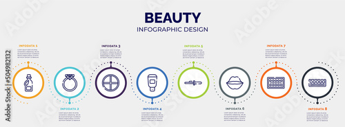infographic for beauty concept. vector infographic template with icons and 8 option or steps. included softener, diamond ring, tray, hair softener, curling tongs, kiss, paints, toe separator