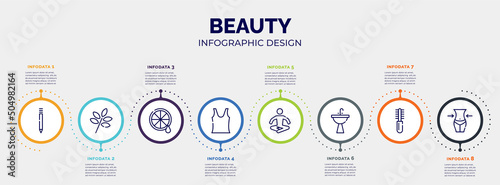 infographic for beauty concept. vector infographic template with icons and 8 option or steps. included eyebrow pencil, herbs, lemon juice, tank top, relaxation, washbowl, combs, waist editable
