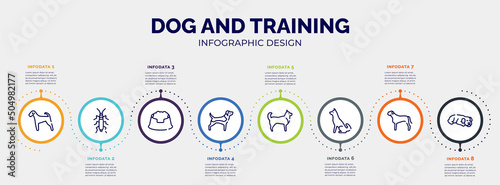 infographic for dog and training concept. vector infographic template with icons and 8 option or steps. included airedale, null, pet dish, beagle, husky, akitas, bullmastiff, dog sleeping editable