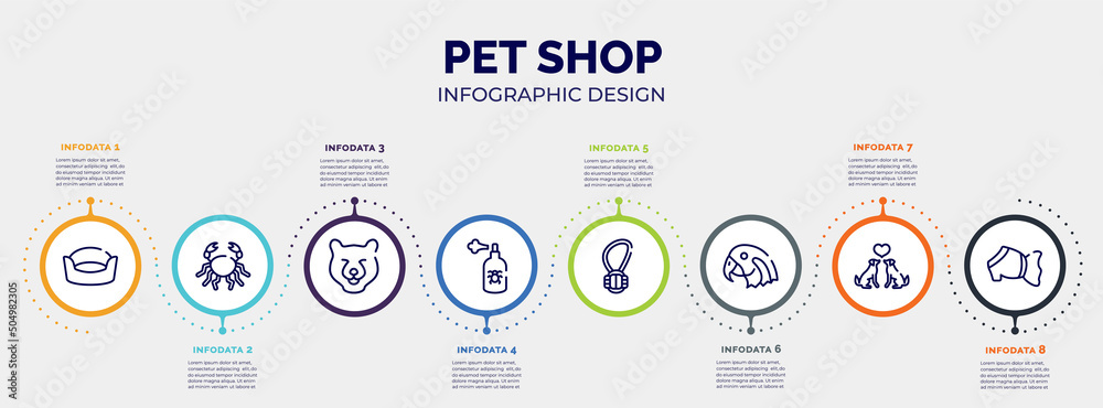 infographic for pet shop concept. vector infographic template with icons and 8 option or steps. included cat bed, big crab, bear head, spray, rope toy, parrot head, couple of dogs, pet dress infographic for pet shop concept. vector infographic template with icons and 8 option or steps. included cat bed, big crab, bear head, spray, rope toy, parrot head, couple of dogs, pet dress