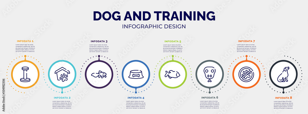 infographic for dog and training concept. vector infographic template with icons and 8 option or steps. included scratching platform, pet shelter, gold fish, dog dish, big piranha, snake head, no infographic for dog and training concept. vector infographic template with icons and 8 option or steps. included scratching platform, pet shelter, gold fish, dog dish, big piranha, snake head, no