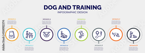 infographic for dog and training concept. vector infographic template with icons and 8 option or steps. included fish food, dog and veterinarian, owl head, dog walker, sea horse, leash, feeding the