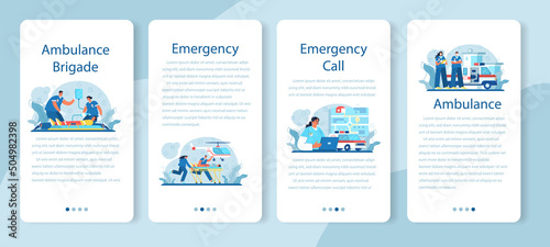 Ambulance mobile application banner set. Emergency doctor