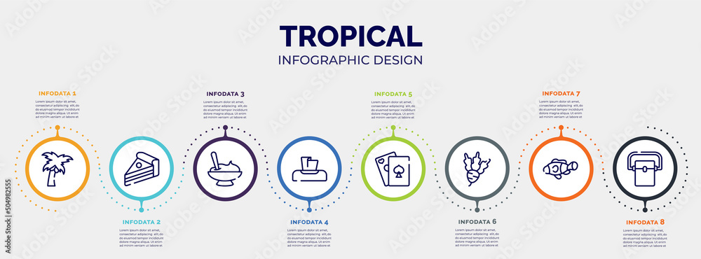 infographic for tropical concept. vector infographic template with icons and 8 option or steps. included coconut tree, piece of cake, mashed potatoes, napkin, poker, beet, clown fish, freezer infographic for tropical concept. vector infographic template with icons and 8 option or steps. included coconut tree, piece of cake, mashed potatoes, napkin, poker, beet, clown fish, freezer