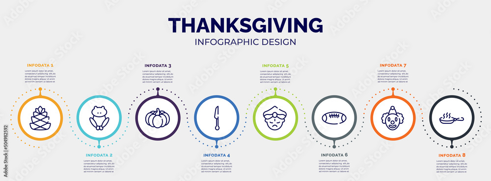 infographic for thanksgiving concept. vector infographic template with icons and 8 option or steps. included pine cone, toad, pumpkin, cutlery, maharaja, rugby ball, clown, pan editable vector.