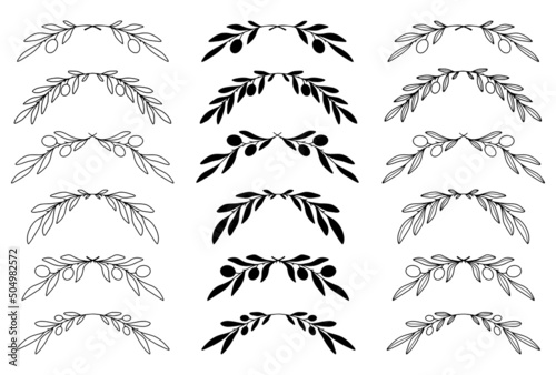Set of 18 hand drawn olive branches. Outline and silhouette olive text dividers. Vector floral elements for menu, greeting cards, wedding decoration, invitations, web.