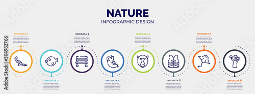 infographic for nature concept. vector infographic template with icons and 8 option or steps. included peacock, puffer fish, bench, sloth, baboon, vest, manta ray, baobab editable vector.