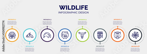 infographic for wildlife concept. vector infographic template with icons and 8 option or steps. included pearl, harebell, tapir, aquarium, bull skull, food stand, baboon, spider web editable vector.