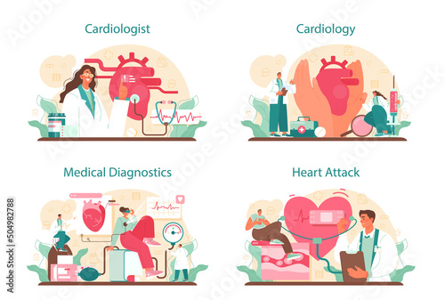 Cardiologist concept set. Idea of heart medical diagnostic and treatment.