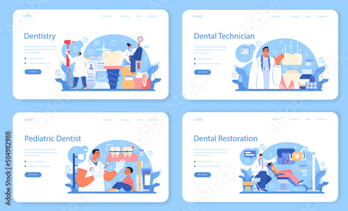 Dentistry web banner or landing page set. Dental doctor in uniform