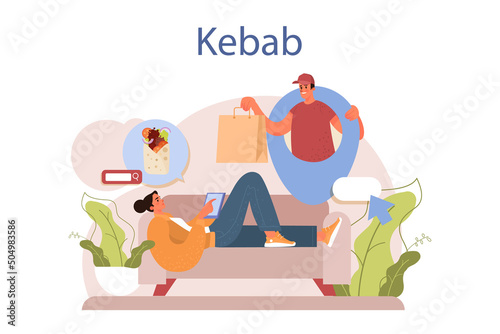 Kebab street food. Chef cooking delicious roll with meat, salad and tomato