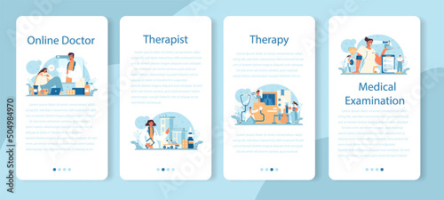 Therapist mobile application banner set. Healthcare, medicine treatment