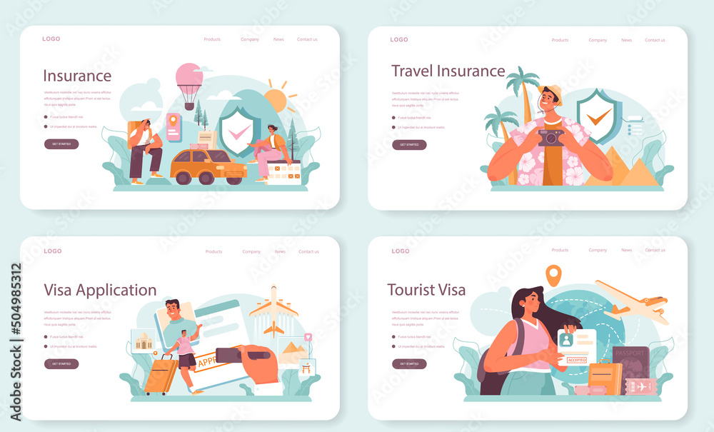 Traveling abroad web banner or landing page set. Visa application