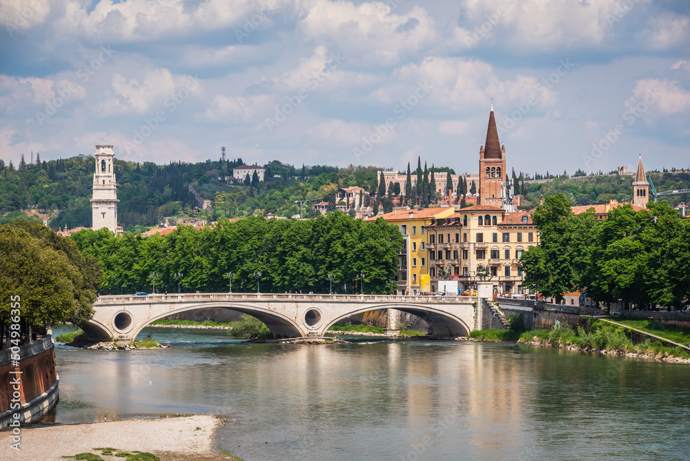 View of the Adige River from Castelvecchio Bridge in Verona, Veneto, Italy, Europe, World Heritage Site