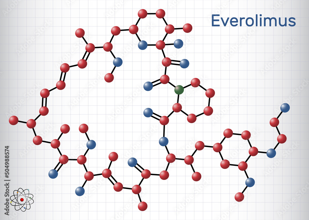 Everolimus molecule. It is derivative of Rapamycin (sirolimus), immunosuppressant to prevent rejection of organ transplants. Molecule model. Sheet of paper in a cage. Everolimus molecule. It is derivative of Rapamycin (sirolimus), immunosuppressant to prevent rejection of organ transplants. Molecule model. Sheet of paper in a cage.