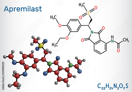 Apremilast drug molecule. It is non-steroidal medication used for the treatment psoriasis, psoriatic arthritis. Structural chemical formula, molecule model.