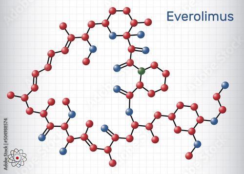 Everolimus molecule. It is derivative of Rapamycin (sirolimus), immunosuppressant to prevent rejection of organ transplants. Molecule model. Sheet of paper in a cage.