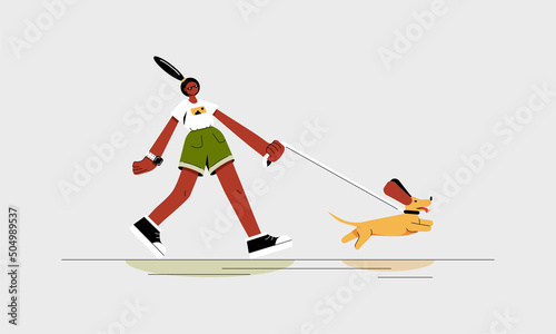 Trendy girl walks with a dachshund dog outdoors in summer. Fashion woman in sunglasses, white t-shirt, green shorts. Modern style vector illustration for website design