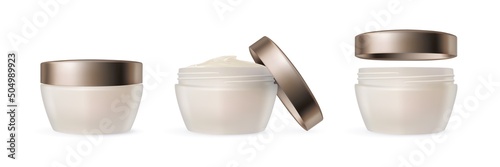 Cream jar isolated on white background. Set of closed and open plastic jar with cream. Collection of cosmetics for skin care. Vector illustration