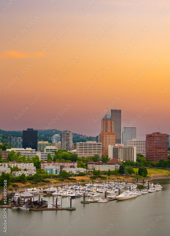 Portland, Oregon, USA - 8/8/2010:  View of downtown Portland and the Willamette River boat moorage basin