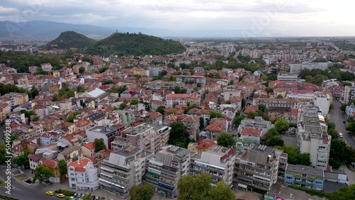 Drone video of Old Town of Plovdiv city, Bulgaria, view with three hills, 4k photo