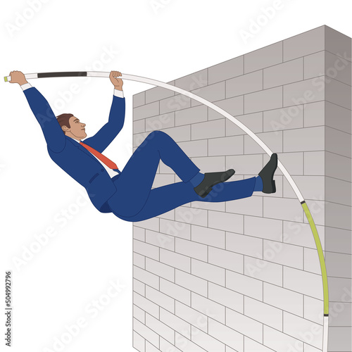 businessman pole vaulting over high wall isolated on a white background