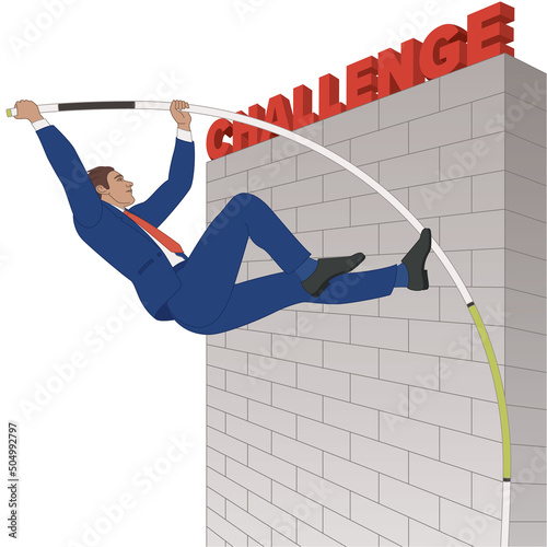 businessman pole vaulting over high wall with the word CHALLENGE, isolated on a white background