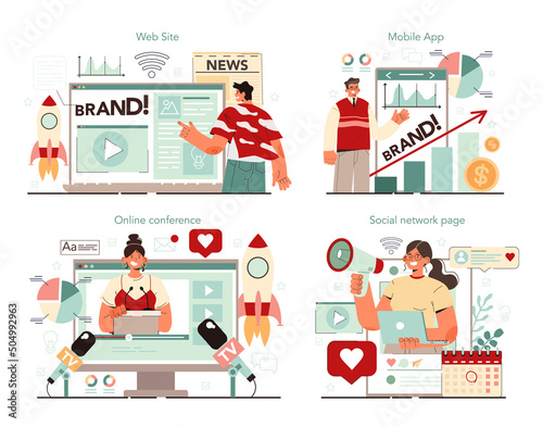 Public relations online service or platform set. Specialist developing
