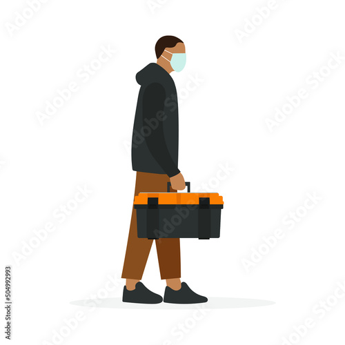 A male character in a medical mask and with a tool box in his hand stands on a white background