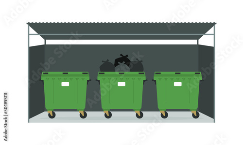 One full trash can and two empty trash cans under the roof on a white background