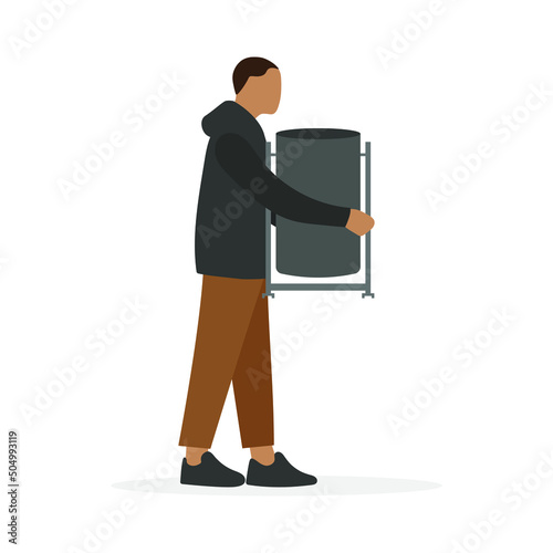 A male character with a metal trash can in his hands stands on a white background