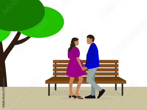 A male character and a female character in elegant clothes stand near a wooden bench and hold hands outdoors