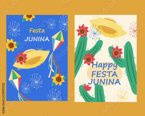 Festa Junina Brazil holiday and festival poster or card templates set for party invitation and greeting. Festa Junina celebration banners, flat vector illustration.