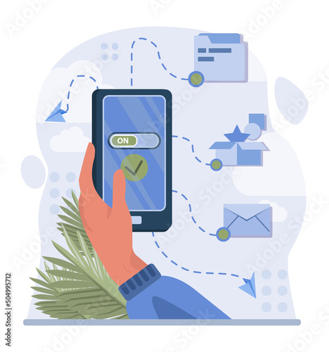 Online communication concept. Characters with smart digital technologies.